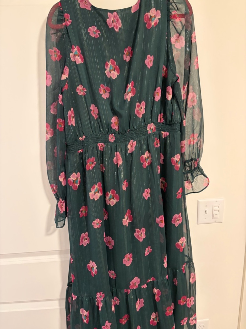 LOFT Floral V-Neck Long Sleeve Maxi Dress in Green with Pink Flowers - Picture 3 of 6